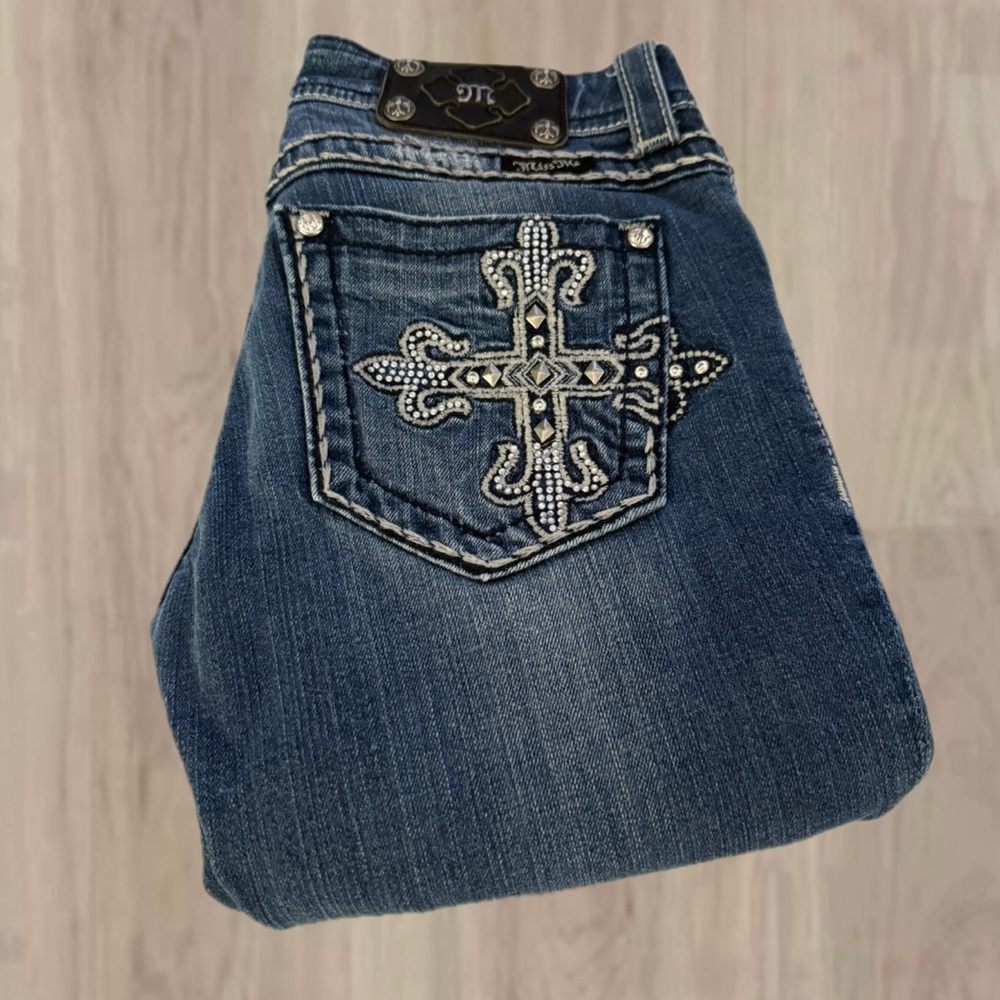 Miss Me Blue Boot Cut Jeans with Silver Embellishments